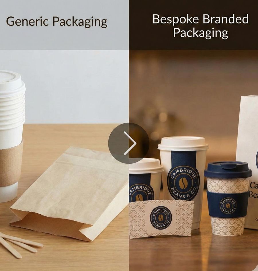Generic versus bespoke branded cafe packaging shown side by side