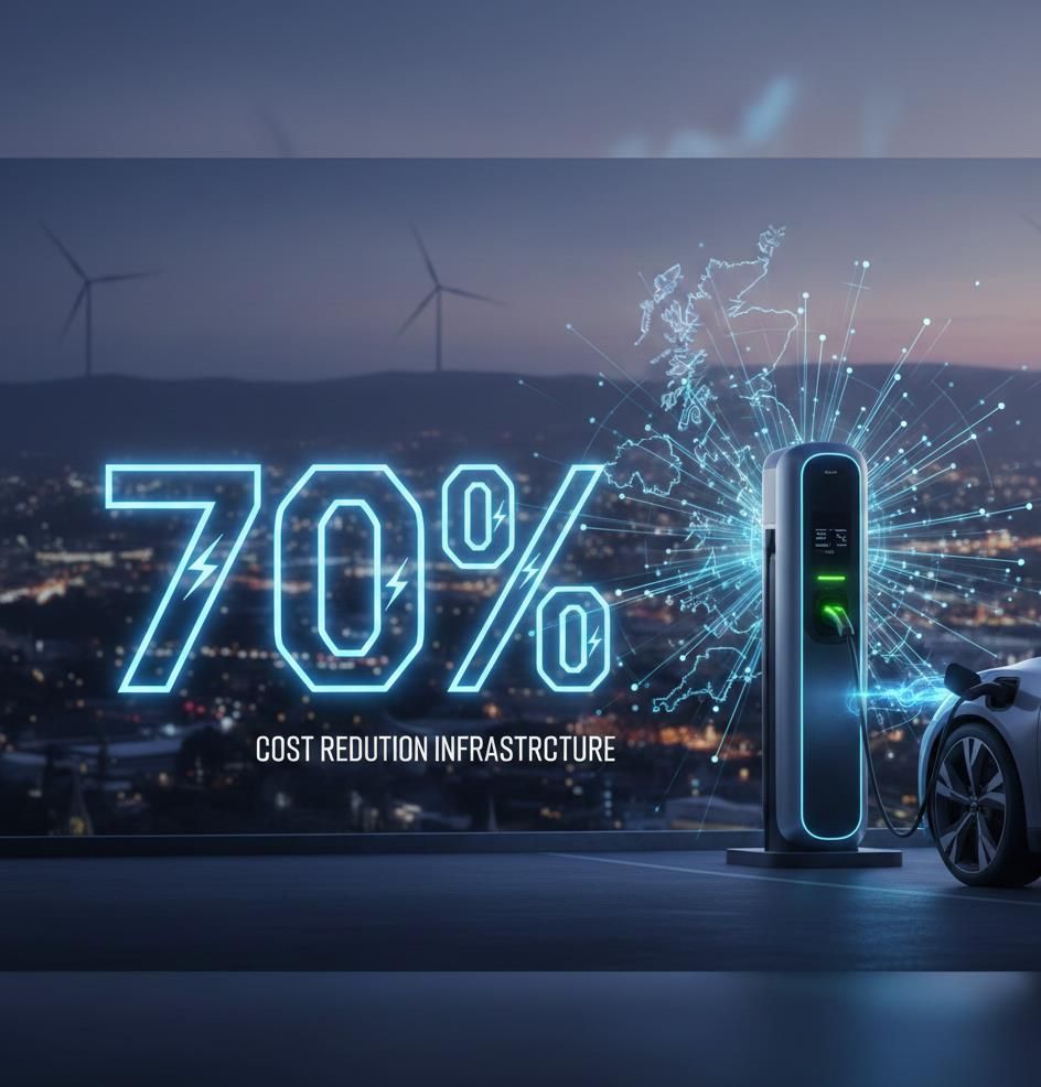 Neon 70% cost-reduction graphic beside an EV charging point