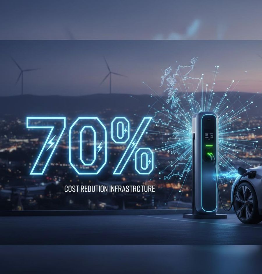 Neon 70% cost-reduction graphic beside an EV charging point