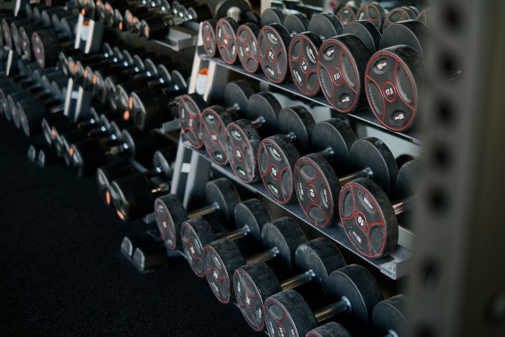A rack of dumbbells in a gym