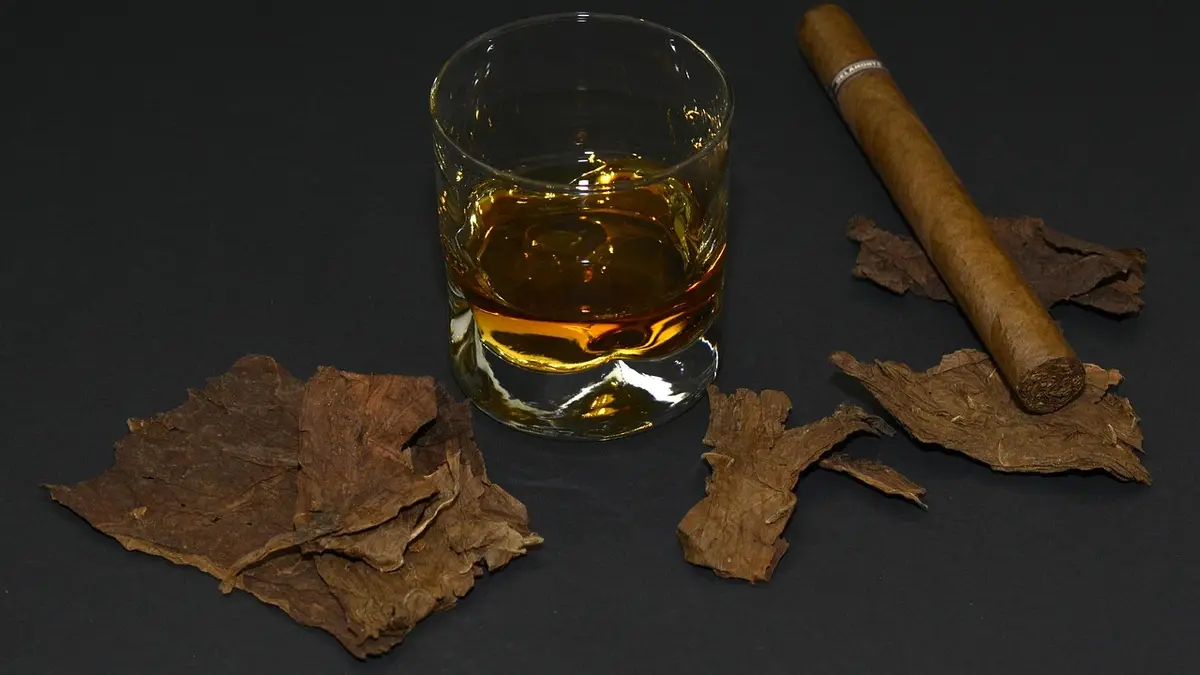A cigar, tobacco leaves and a glass of whiskey.