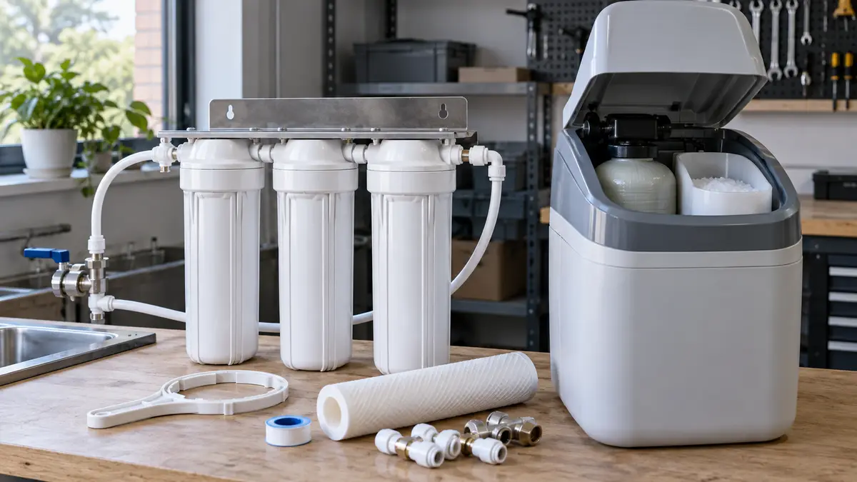 Illustrative image of a home water filter or softener on a workshop surface.