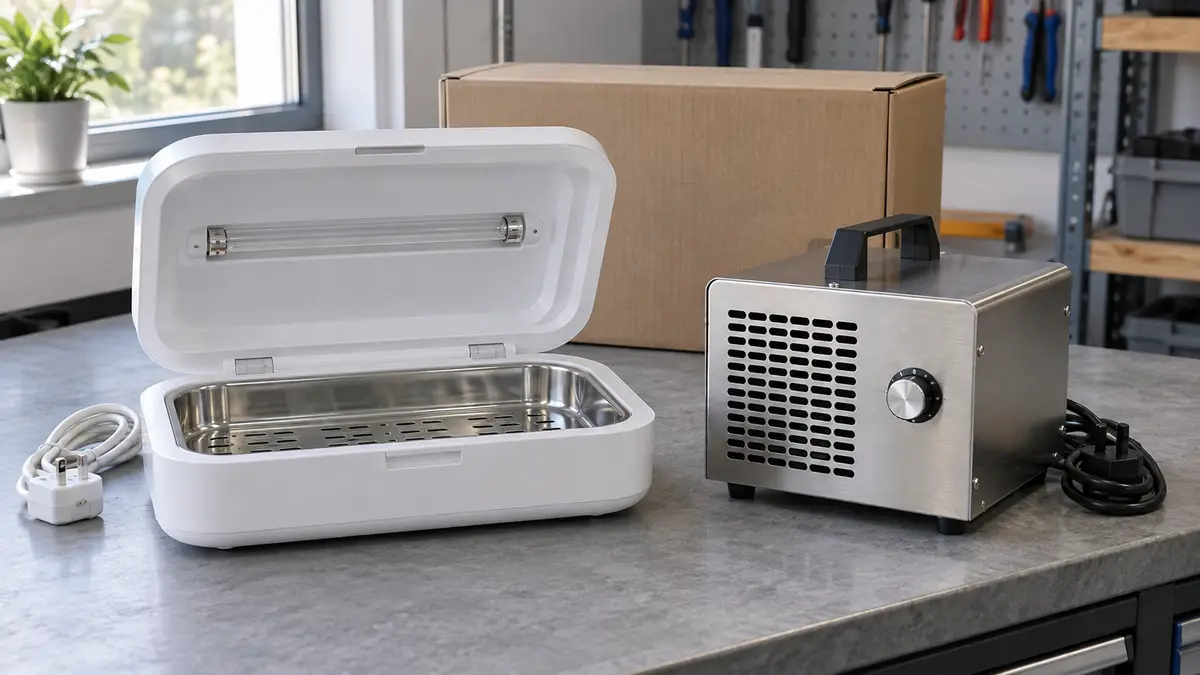 Illustrative image of a UV steriliser or ozone cleaner on a workshop surface.
