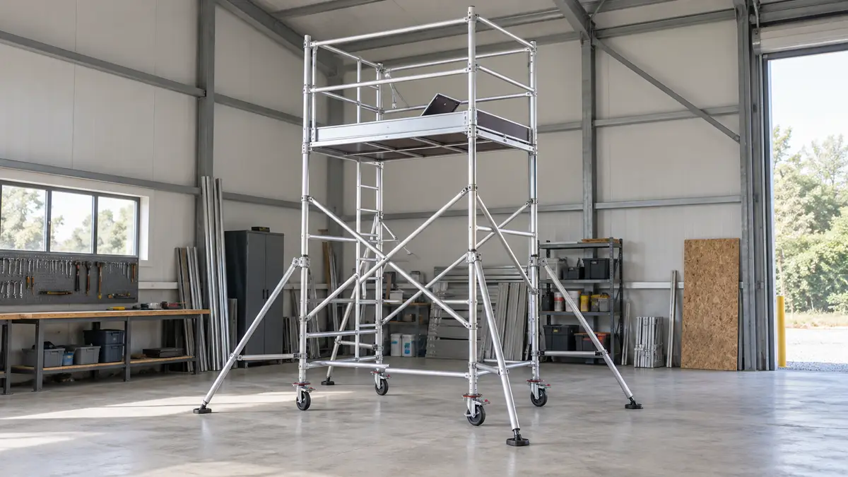 Illustrative image of a scaffold tower on a workshop surface.