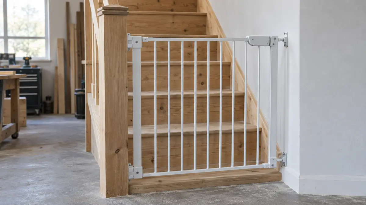 Illustrative image of Will a child safety gate fit my staircase? on a workshop surface.