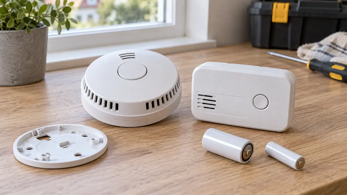 Illustrative image of Check China-bought smoke and carbon monoxide alarms on a workshop surface.