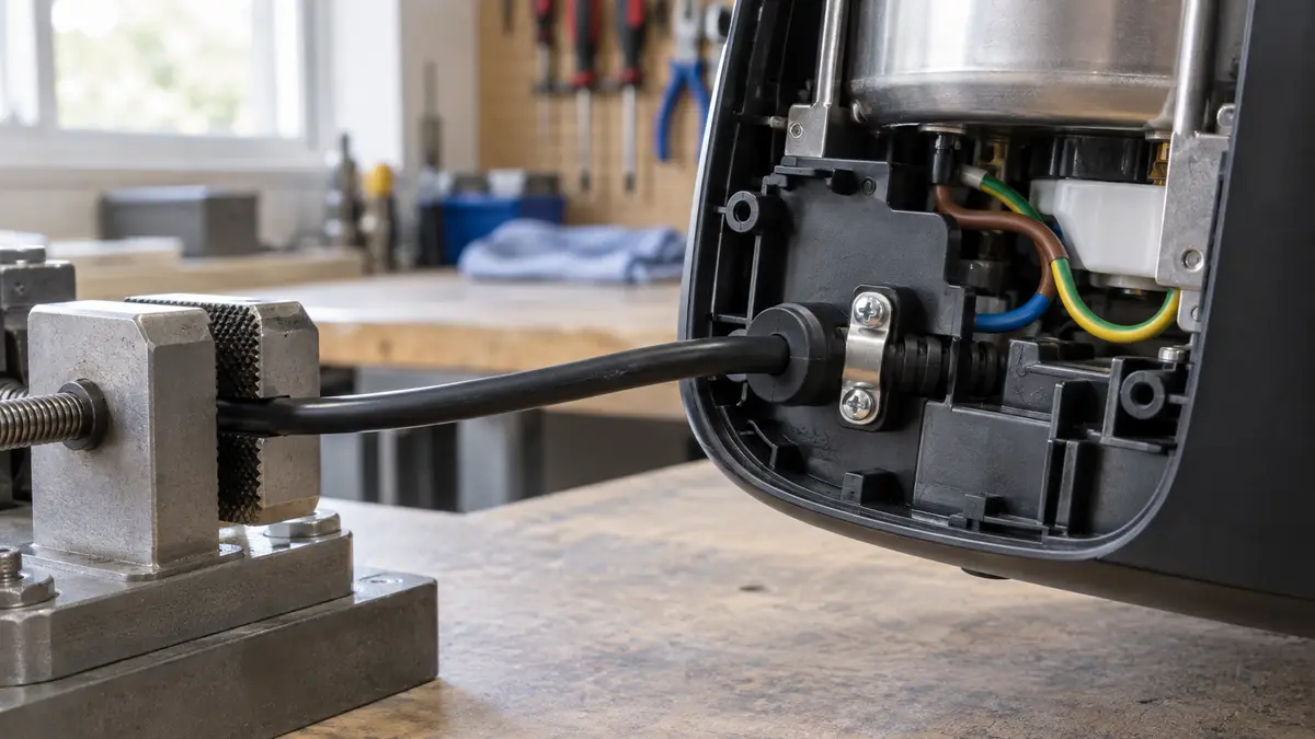 Illustrative image of How to check electrical cord anchorage on a workshop surface.