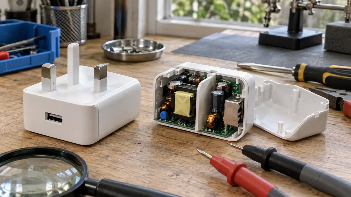 Illustrative image of How to check imported charger safety on a workshop surface.