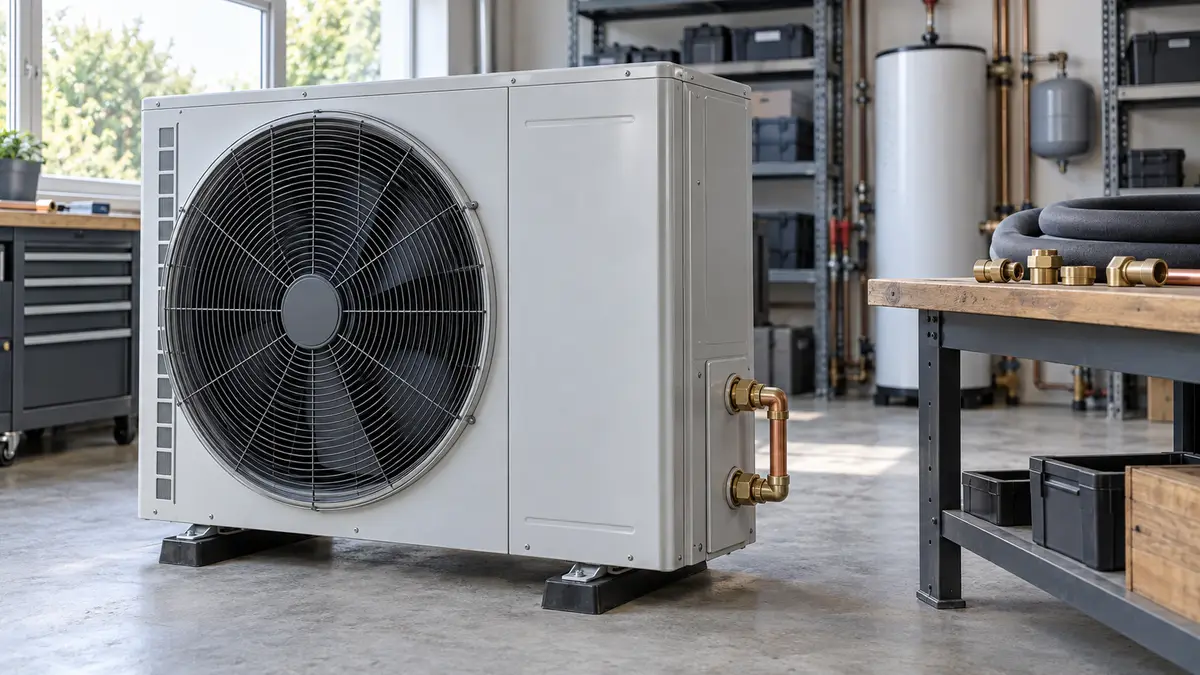 Illustrative image of China heat pumps and the Boiler Upgrade Scheme on a workshop surface.