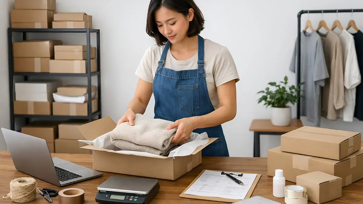 Orders being packed for shipping at a wooden desk.