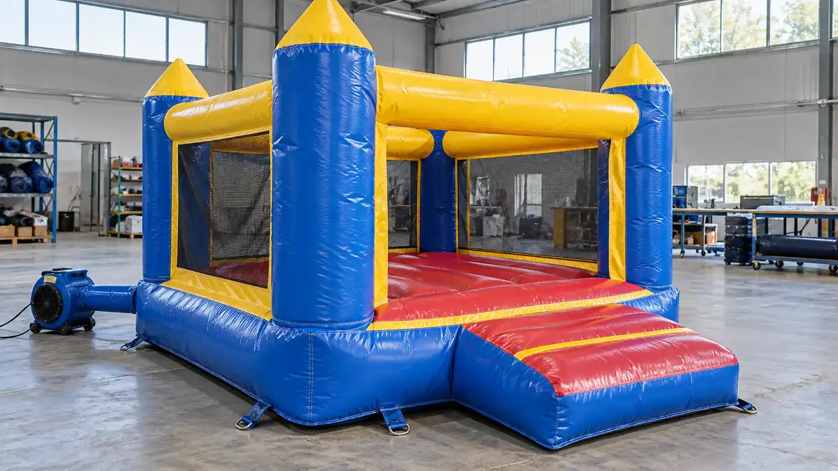 Illustrative image of a bouncy castle on a workshop surface.