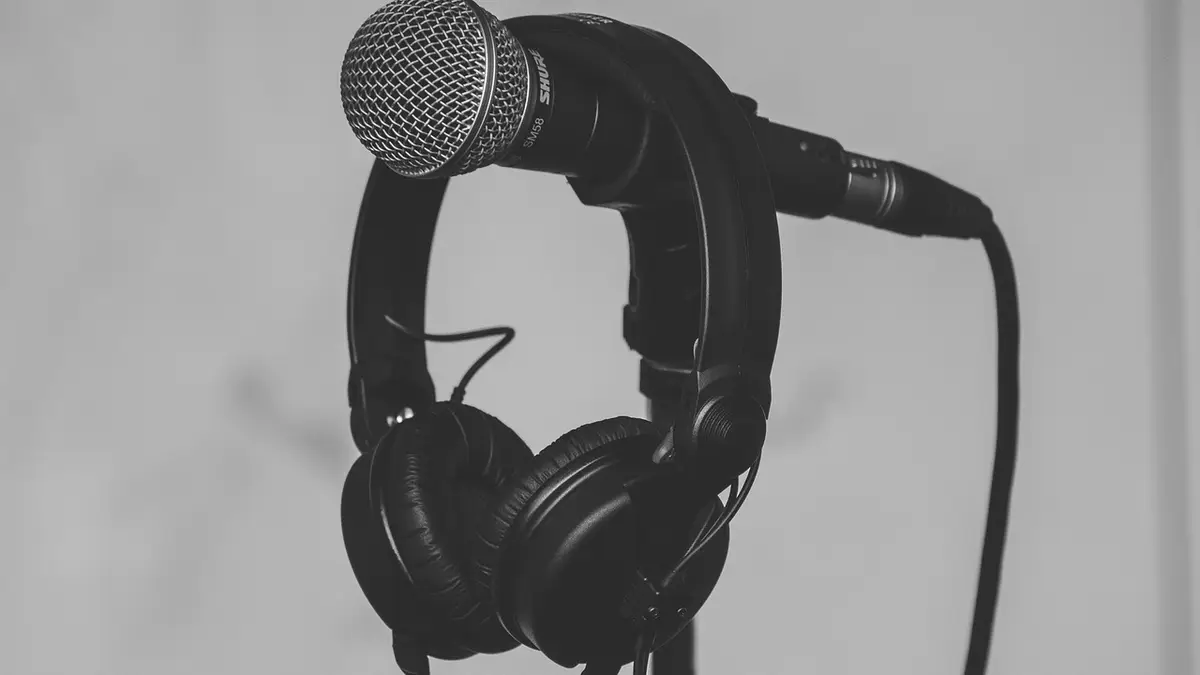 A microphone, headphones and a microphone stand.