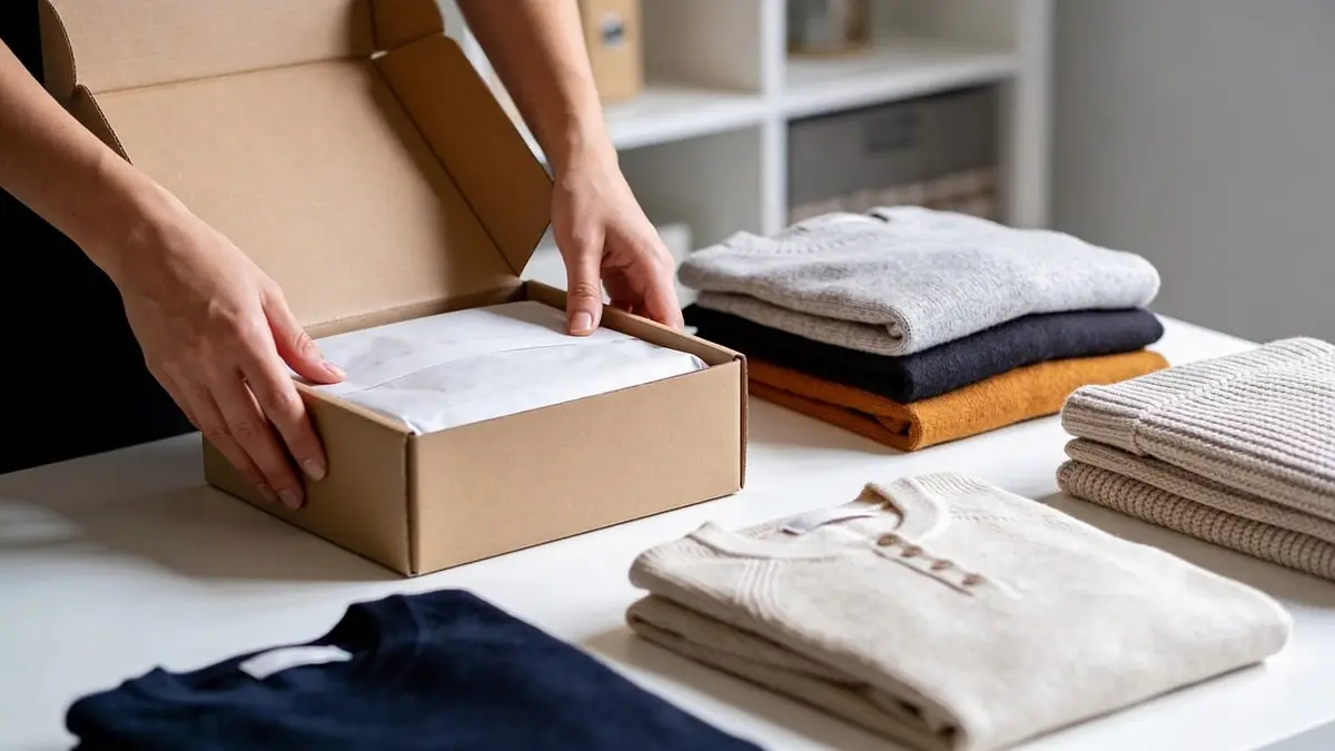 Hands folding clothing into a box for shipping.