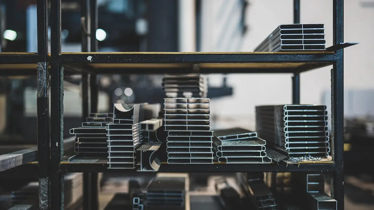 Metal pipes and industrial materials in a warehouse.