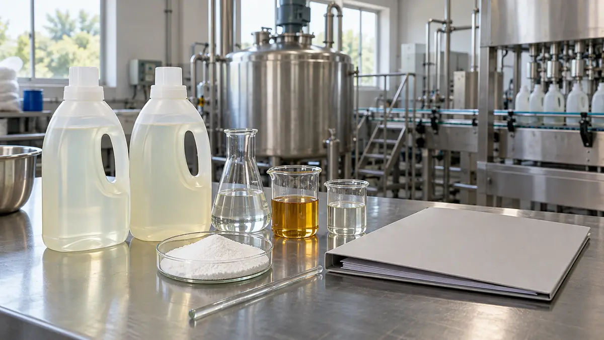 Illustrative image of Detergent ingredient sheets and website lists on a workshop surface.