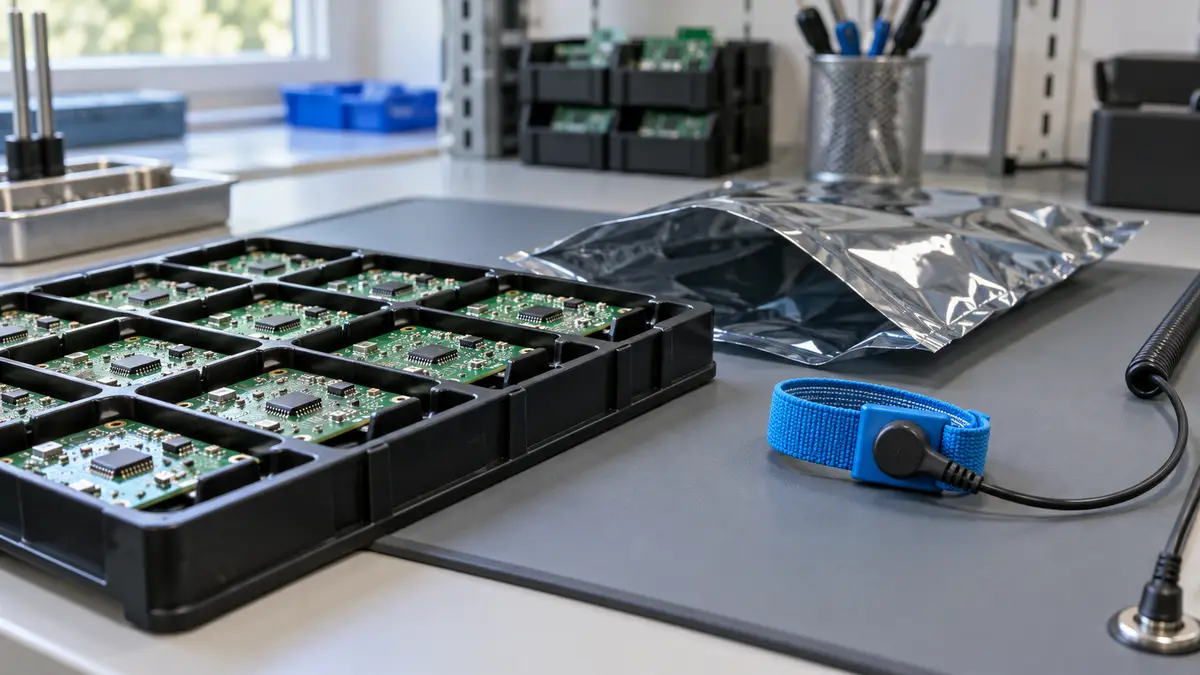 Illustrative image of ESD protection for imported components on a workshop surface.