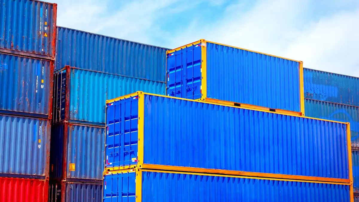 Shipping containers and cargo ships at a port.