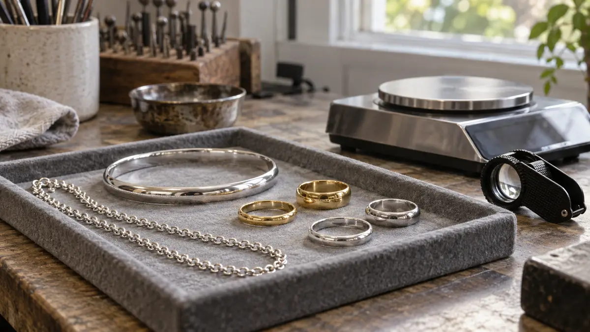 Illustrative image of Hallmarking Dealer’s Notice: shops and online on a workshop surface.