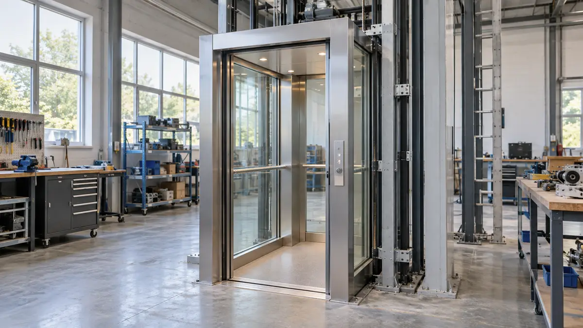 Illustrative image of a home lift on a workshop surface.