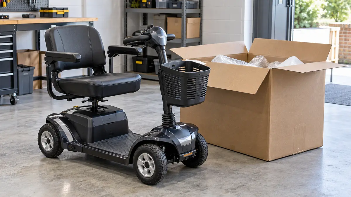 Illustrative image of a mobility scooter for personal use on a workshop surface.