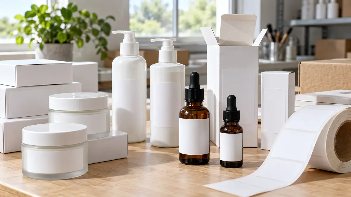 Illustrative image of Imported cosmetic labels: containers and cartons on a workshop surface.