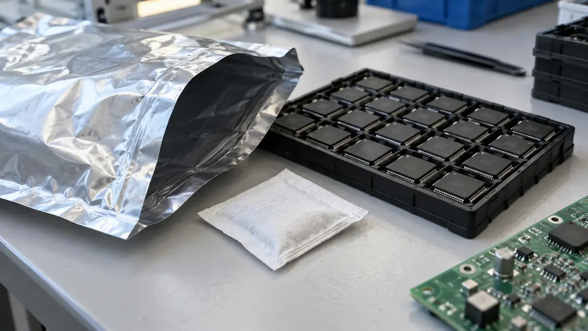 Illustrative image of Moisture-sensitive components on a workshop surface.