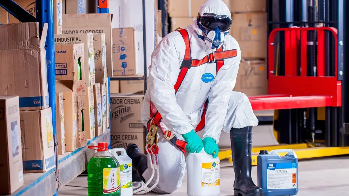 A factory worker wears protective workwear, safety glasses, gloves and boots.