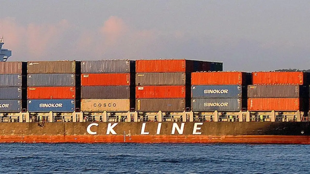 A container ship transports cargo at sea.