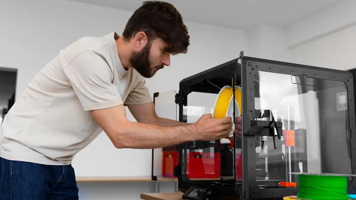 A man with a 3D printer and plastic filament in a workspace.
