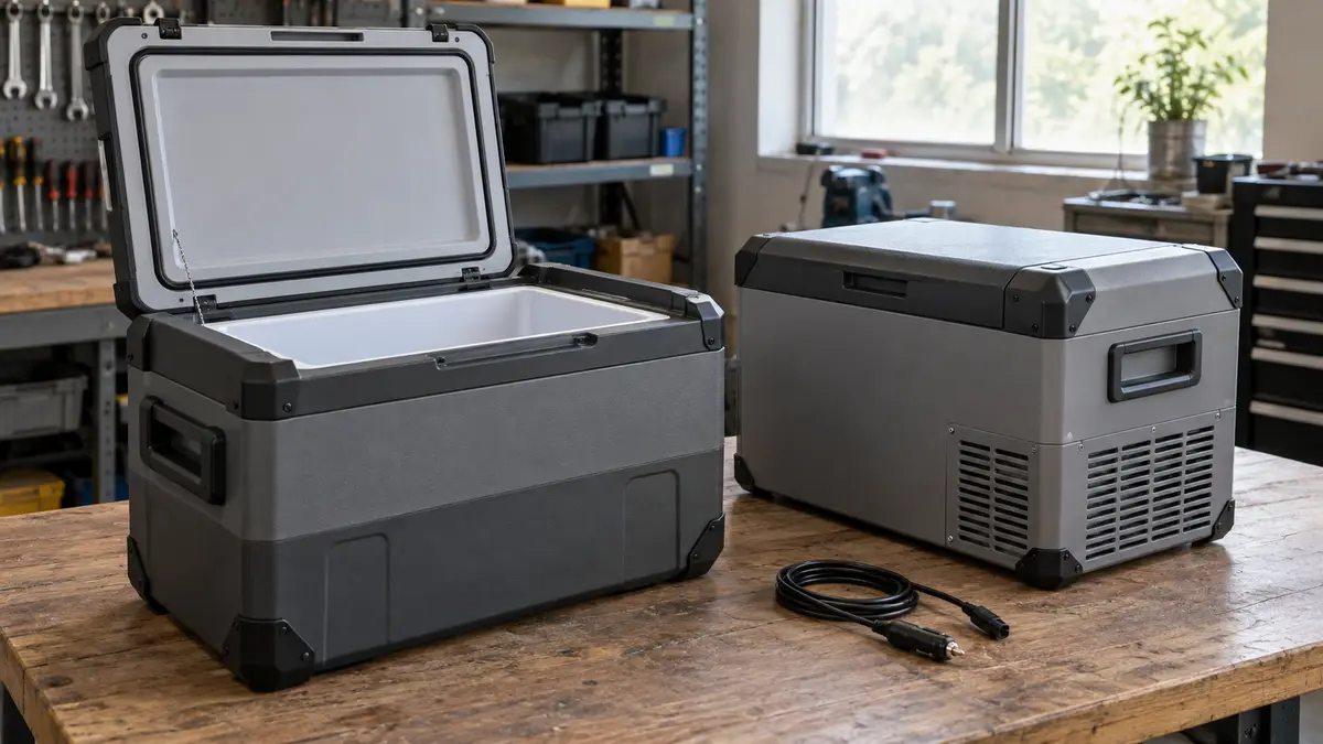 Illustrative image of 12V compressor fridges on a workshop surface.