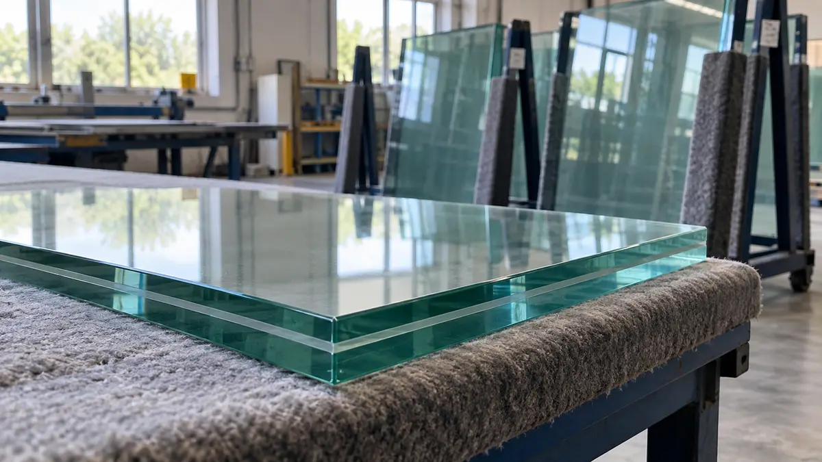 Illustrative image of acoustic laminated glass on a workshop surface.