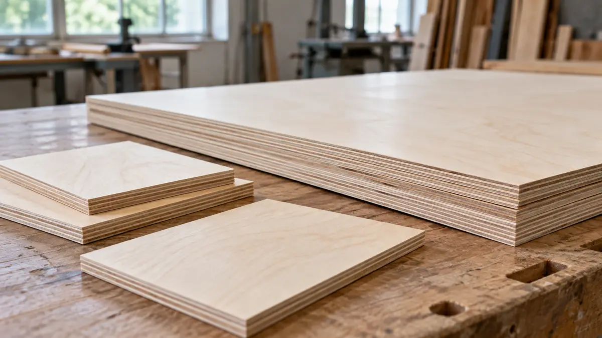 Illustrative image of aircraft-grade birch plywood on a workshop surface.