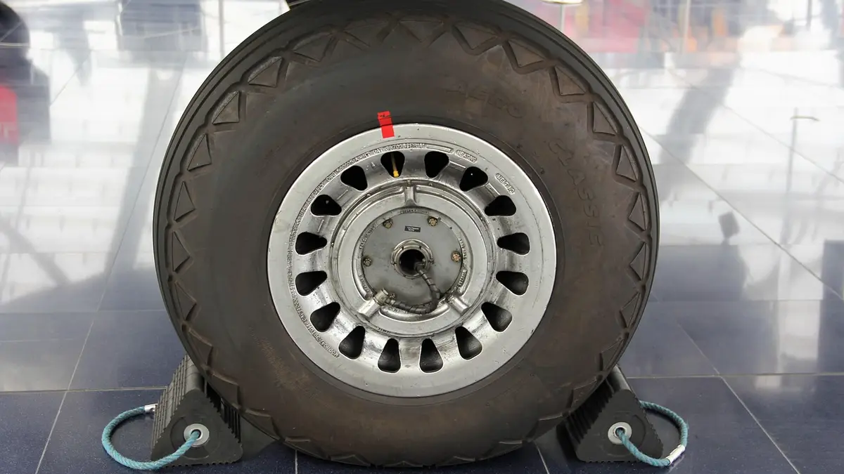 An aircraft tyre and wheel rim in a hangar.