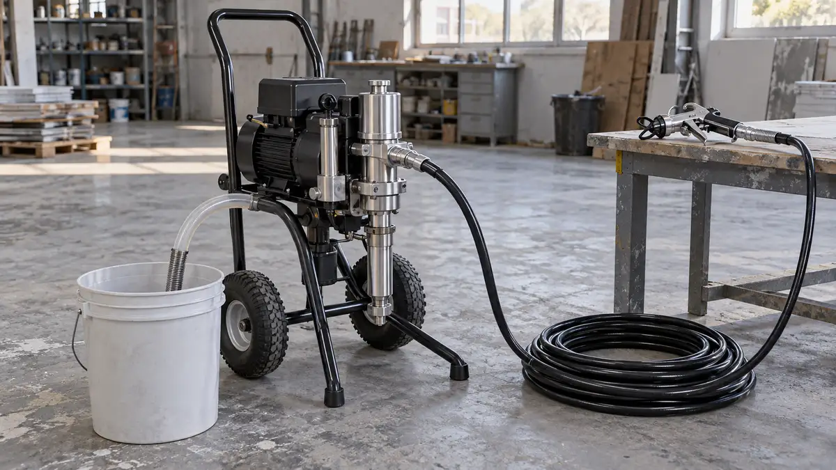 Illustrative image of airless paint sprayers on a workshop surface.