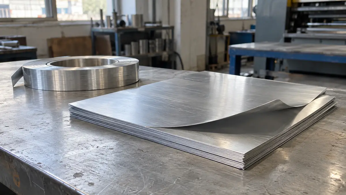Illustrative image of aluminium brazing sheet on a workshop surface.