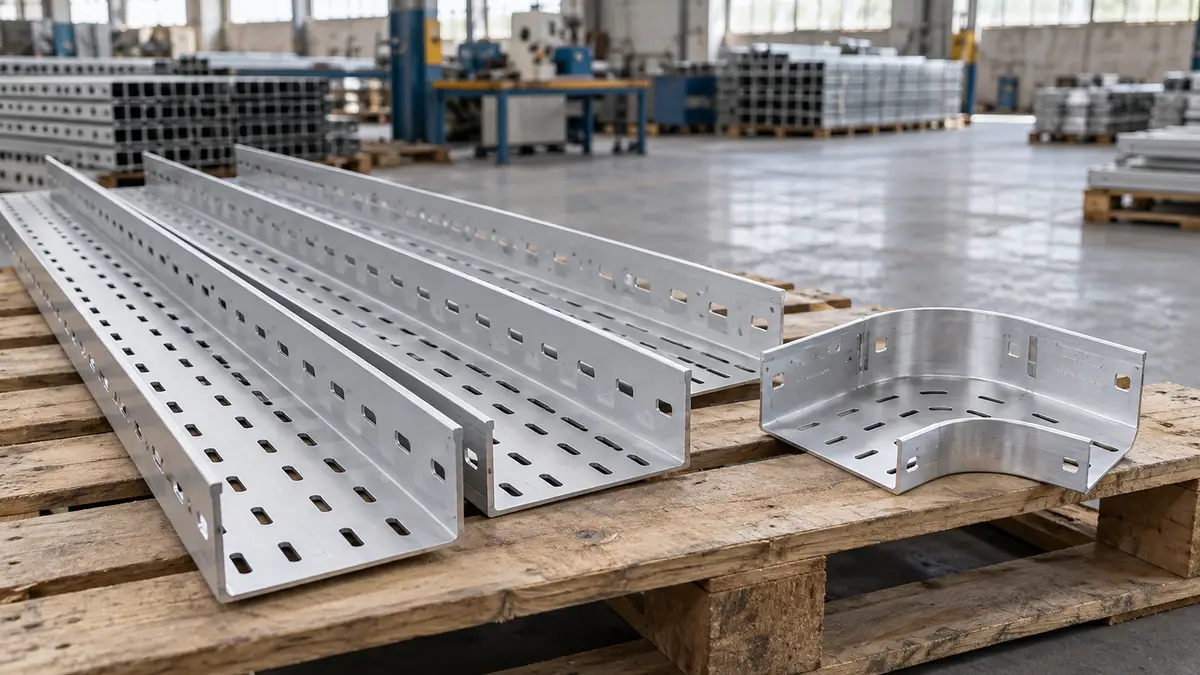 Illustrative image of aluminium cable trays on a workshop surface.