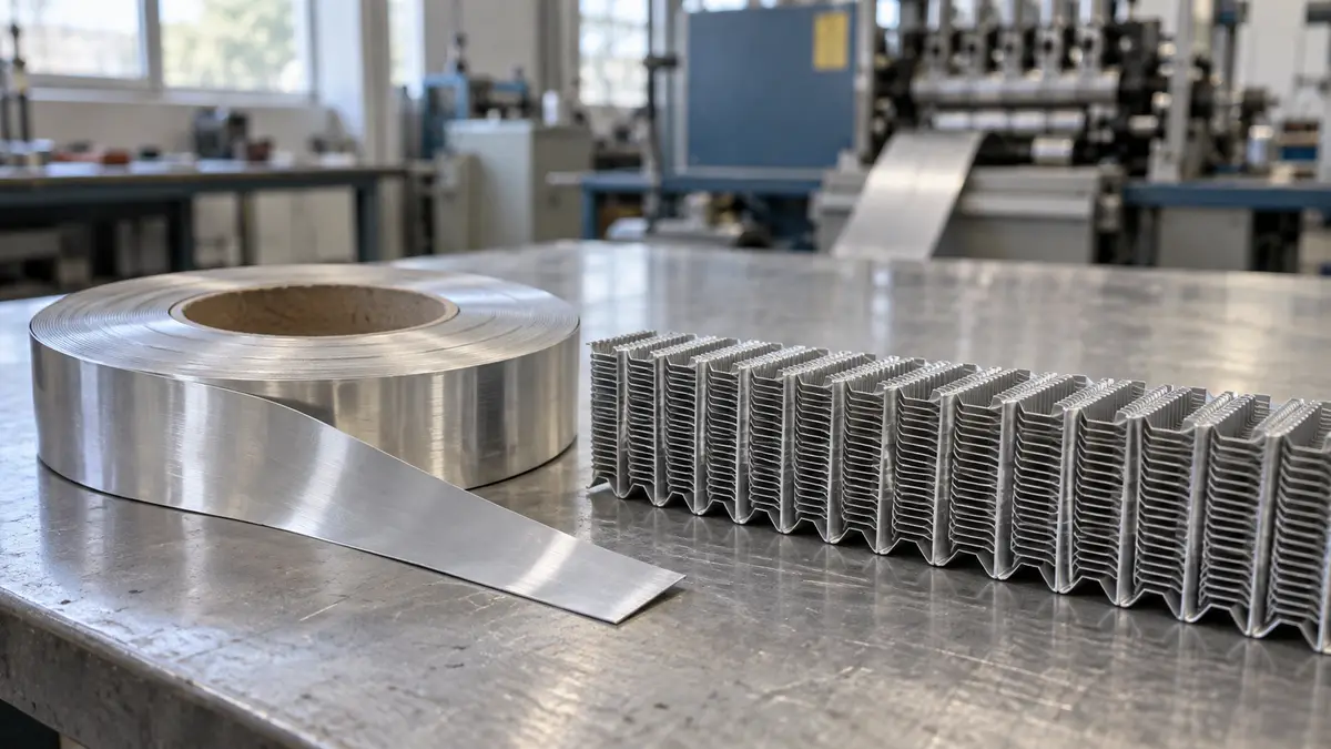 Illustrative image of aluminium fin strip on a workshop surface.