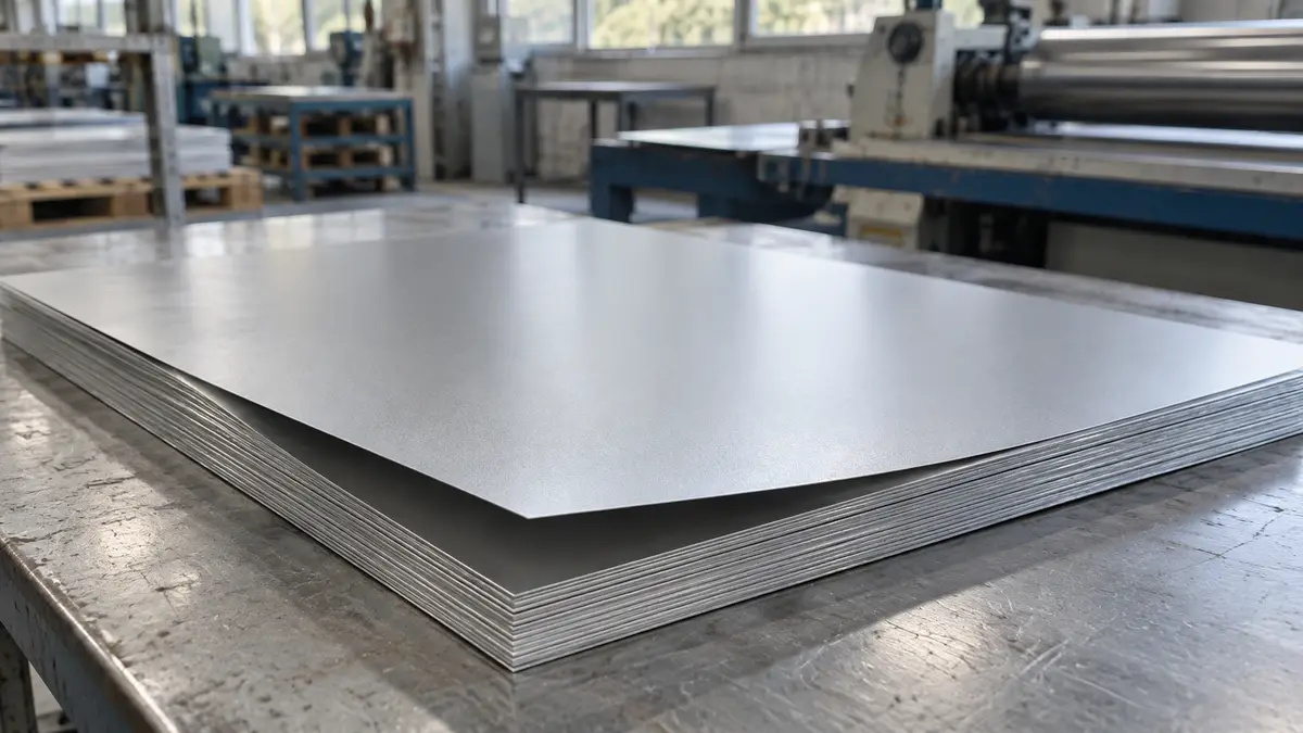 Illustrative image of aluminium lithographic sheet on a workshop surface.