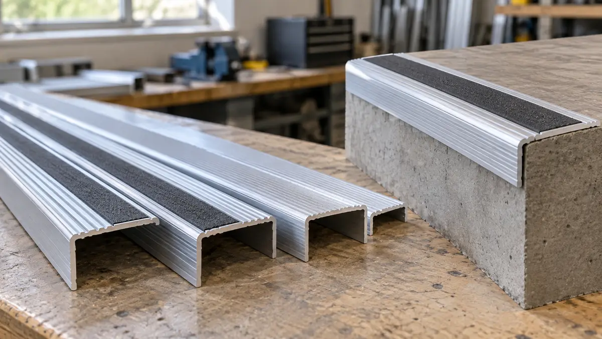 Illustrative image of aluminium stair nosings on a workshop surface.