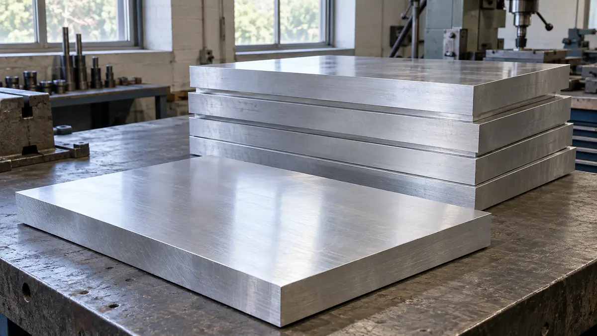 Illustrative image of aluminium tooling plate on a workshop surface.