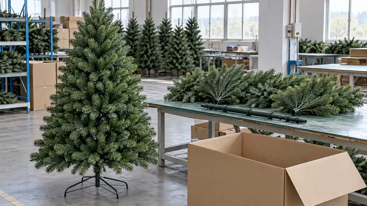 Illustrative image of artificial Christmas trees on a workshop surface.