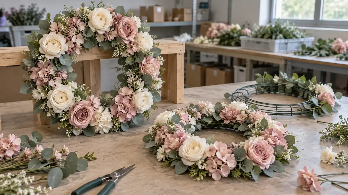 Illustrative image of artificial floral wreaths on a workshop surface.