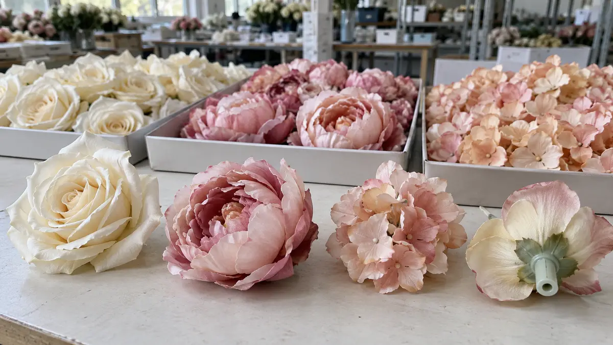 Illustrative image of artificial flower heads on a workshop surface.