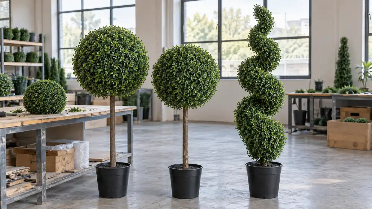 Illustrative image of artificial topiary trees on a workshop surface.