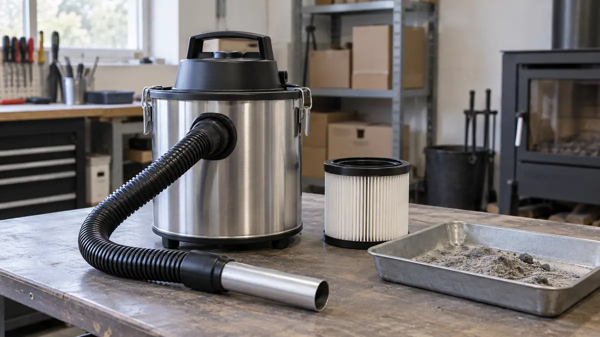 Illustrative image of ash vacuum cleaners on a workshop surface.