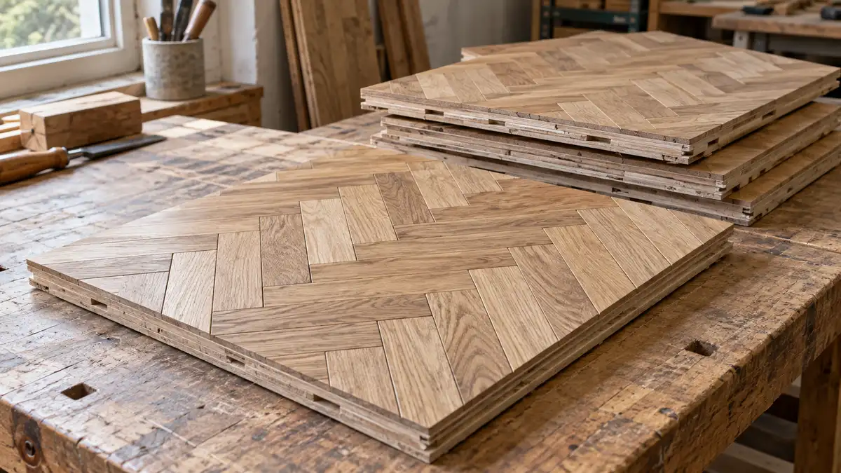 Illustrative image of parquet panels on a workshop surface.