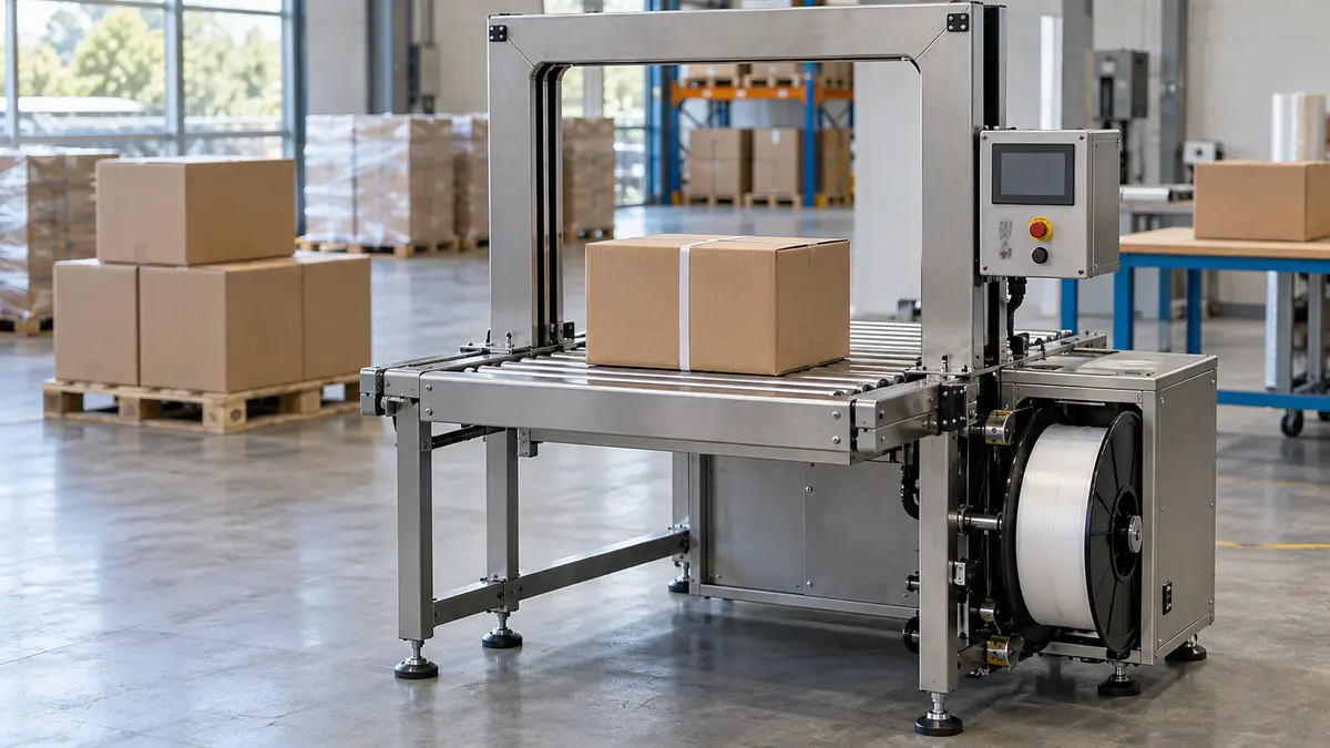 Illustrative image of automatic strapping machines on a workshop surface.