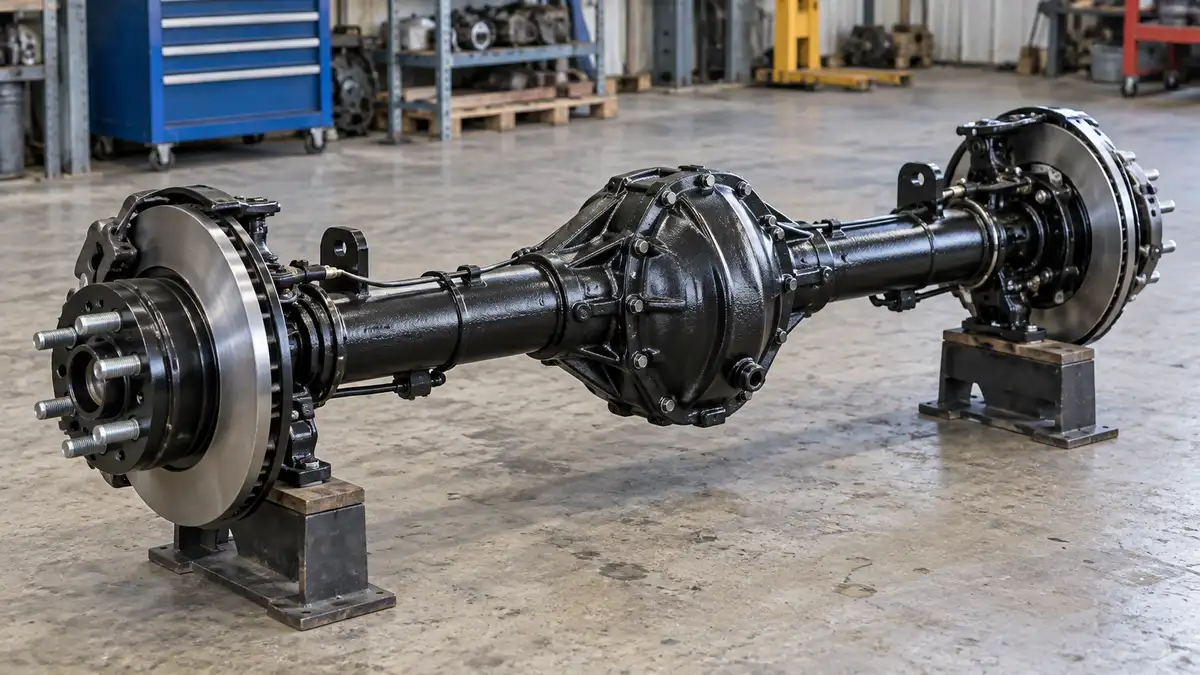 Illustrative image of rear axle assemblies on a workshop surface.