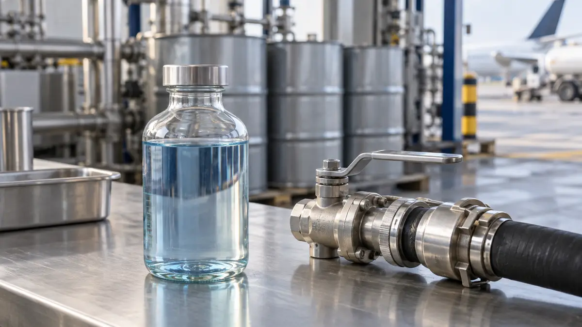 Illustrative image of aviation gasoline on a workshop surface.