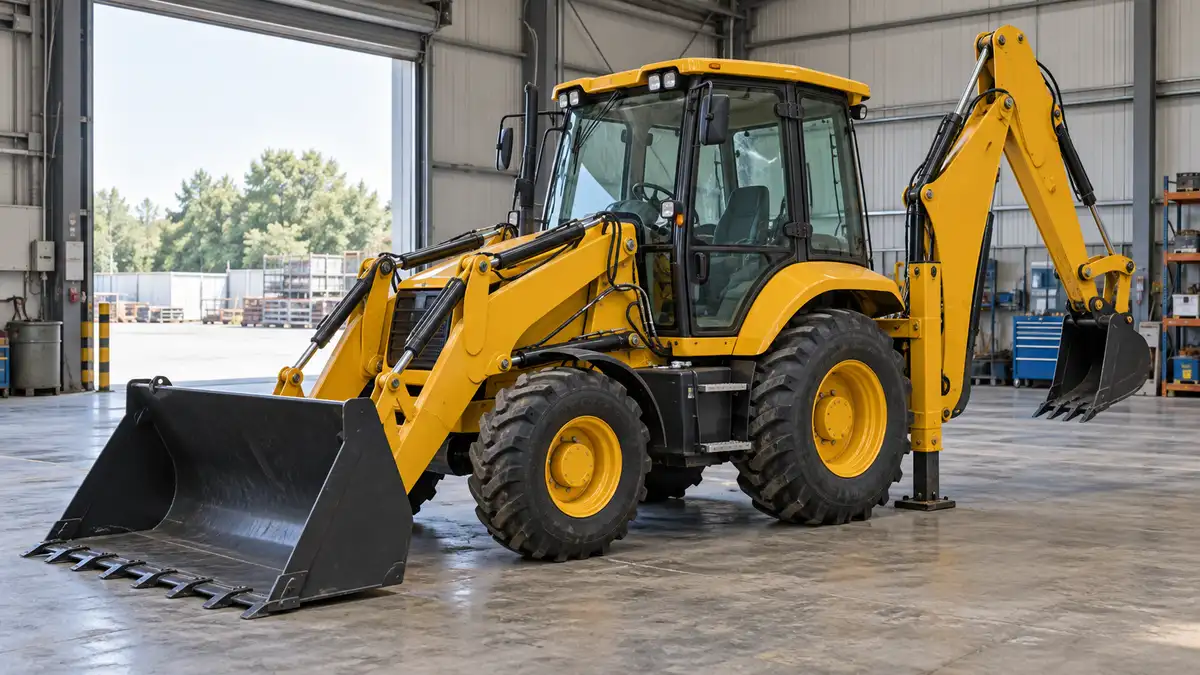 Illustrative image of backhoe loaders on a workshop surface.